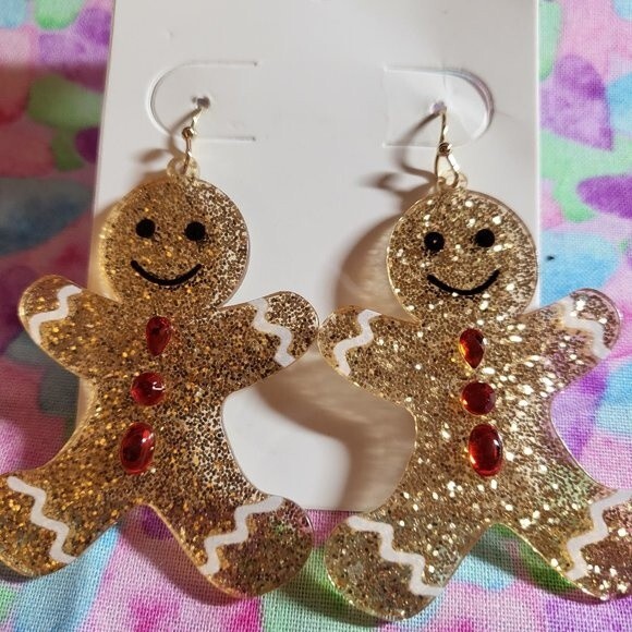 Christmas Glitter Gingerbread Man Drop Earrings - Picture 2 of 5